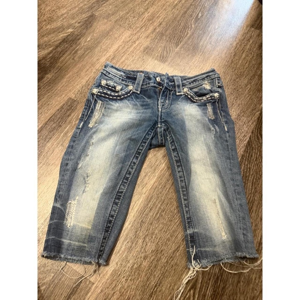 Miss Me Distressed Denim Bermuda Shorts JE5152M9 Blue Embellished Size 24